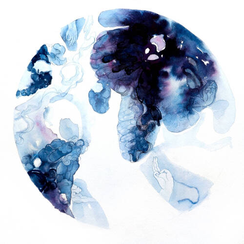 Circular watercolor in shades of blue, white and some purple. Image of hand near bottom right.